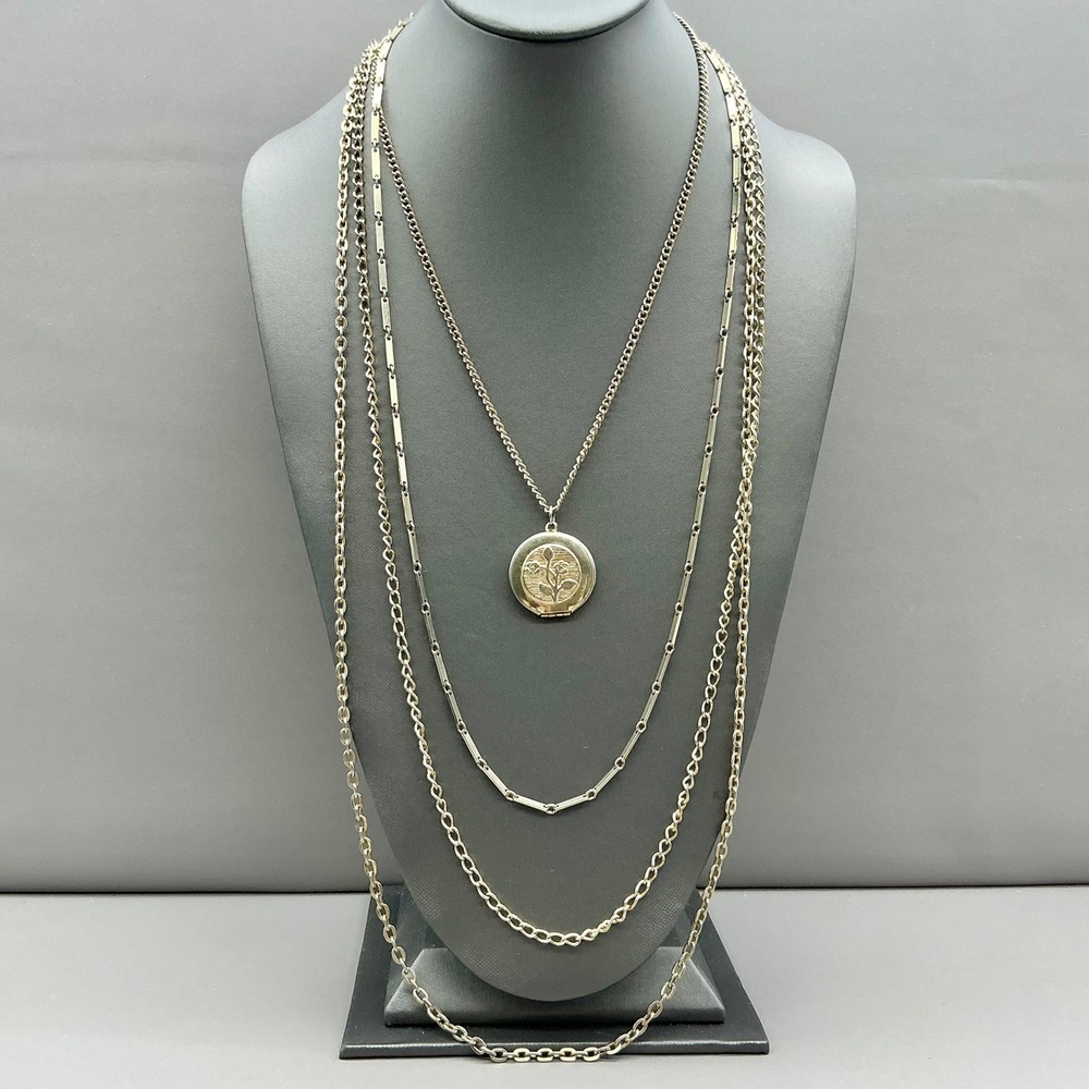 Multi Strand Locket Necklace Women Gold Tone Vintage Etched Flower Four Layered